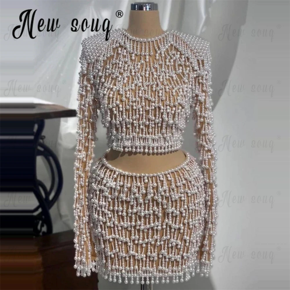 Two-Piece Set Pearls Cocktail Dress Long Sleeve Nude Homecoming Graduation Gowns Evening Party Stage Performance Outfits