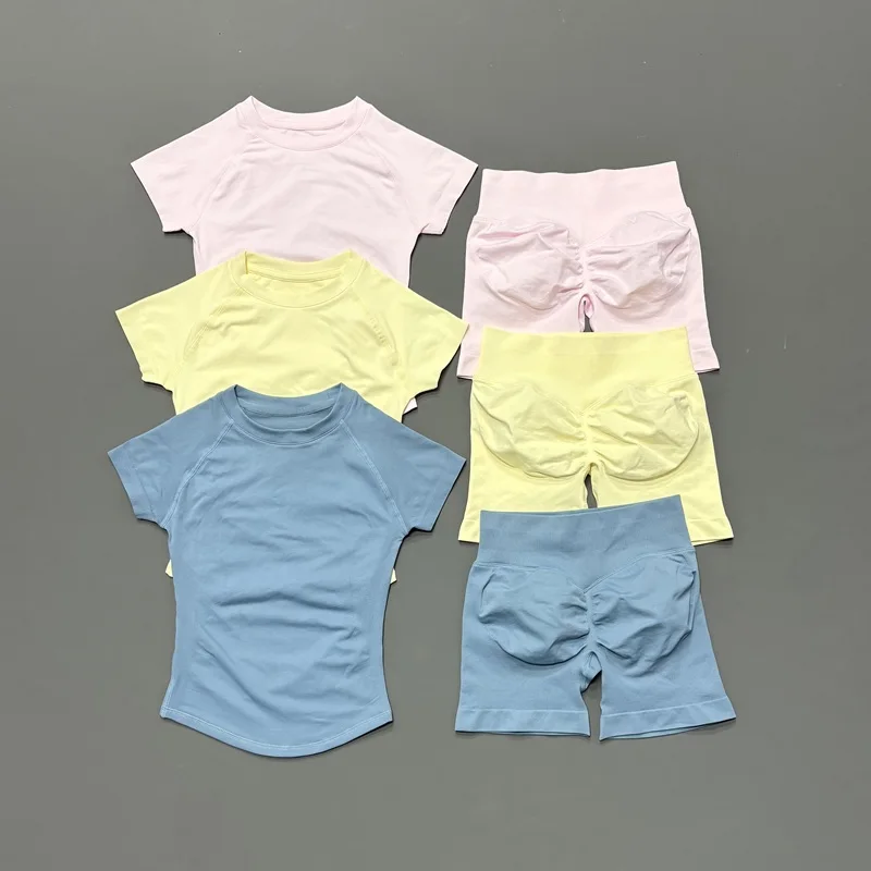 2 Piece Gym Sets Women Seamless Short Sleeve Top Butt Lifting Shorts Workout Fitness Running Sports Yoga Tracksuit