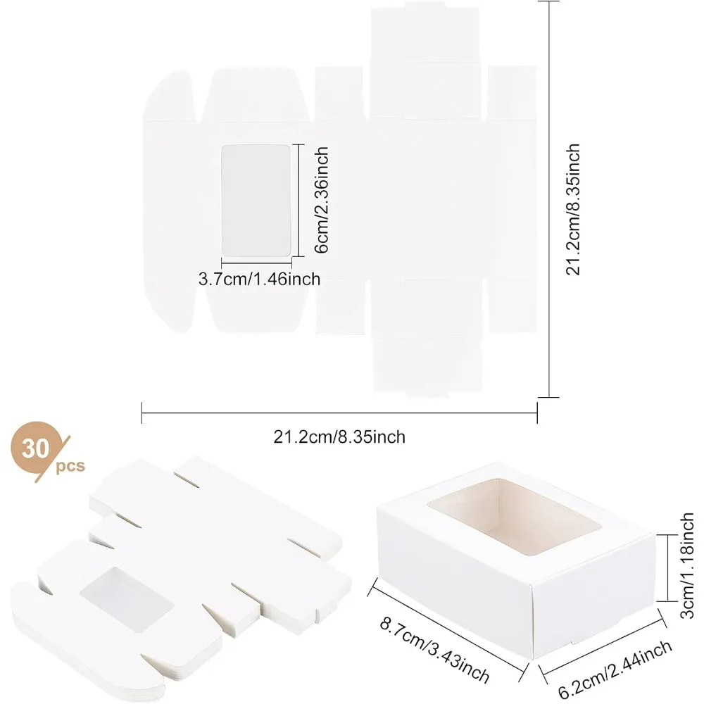 30 Pack White Kraft Paper Boxes with Clear Window 3.3x2.3x1.1 Inch Gift Packaging Boxes for Bakery Cookies Cake Candy