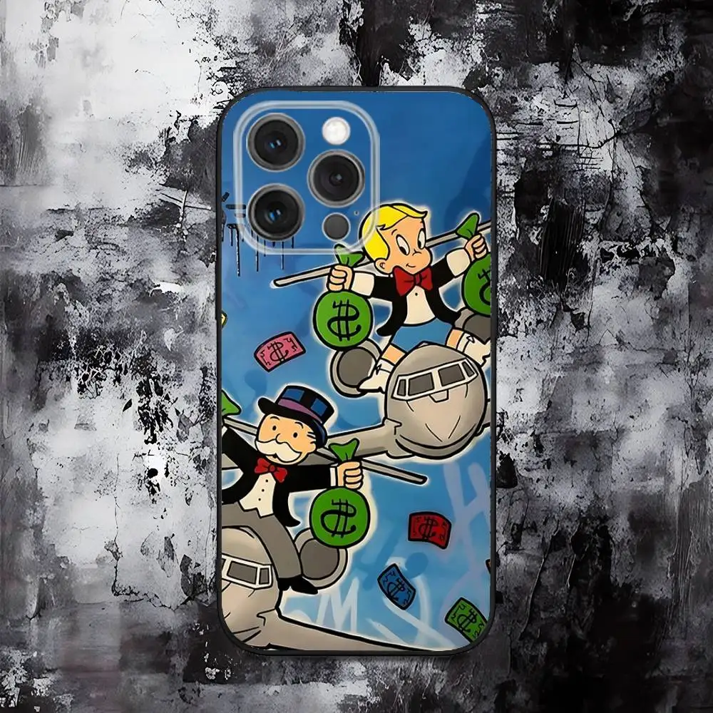 حافظة هاتف M-Monopoly Cash لهاتف iPhone 16,15,14,13,12,11,Pro,Max,Plus,X,XS,SE,E,Mini,Soft Silicone Black Case