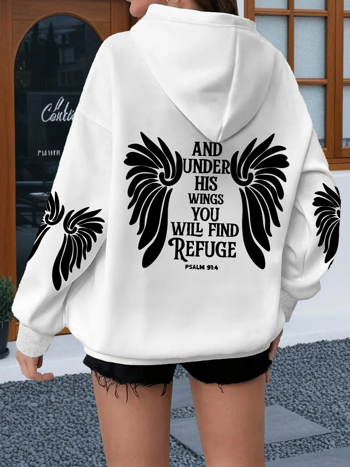 Women Loose Hooded Sweatshirt Angel Wings Bible Verse Text Graphic Print Long Sleeve Casual Daily Street Pullover Tops