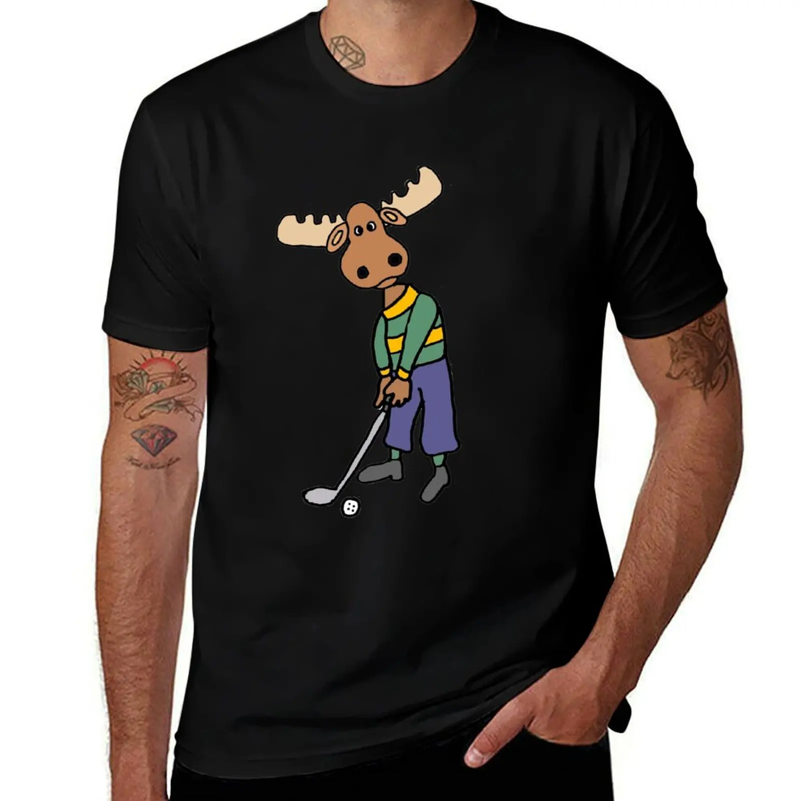 Cool Moose Playing Golf Cartoon T-Shirt Sport Basic Moisture Wicking Tee