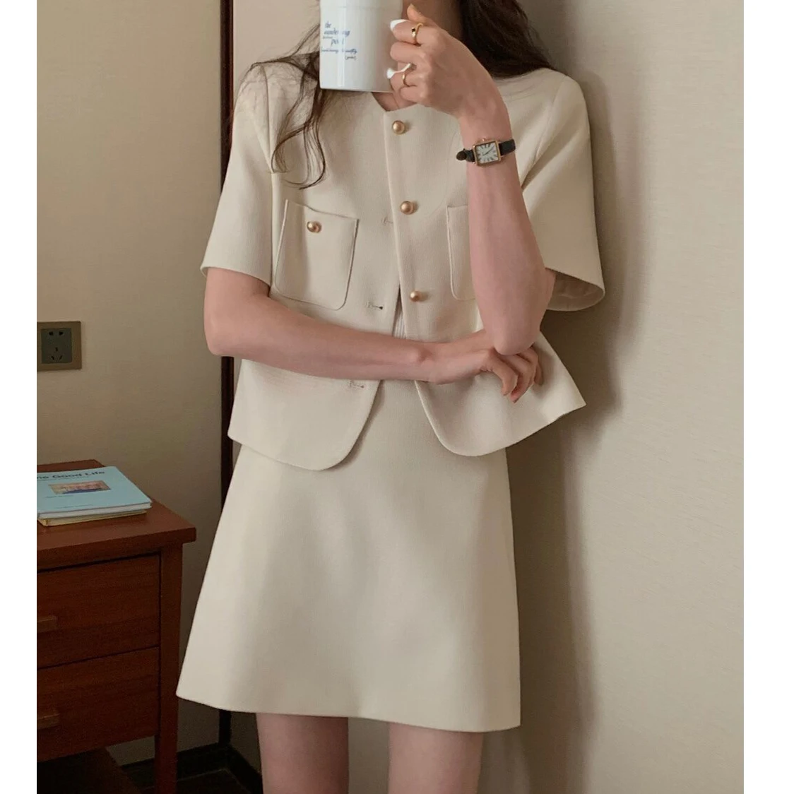 New Korean Fashion Women\'s Suit Small Fragrance O-neck Short Sleeve Blazer Top + Mini Skirt Elegant Office Lady 2 Piece Sets