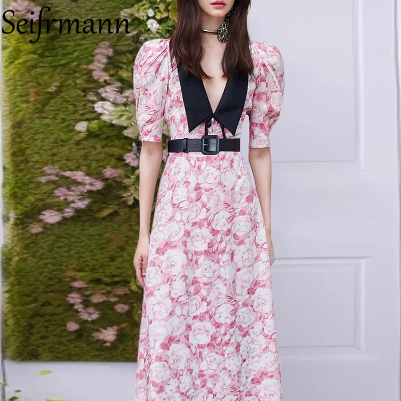 

Seifrmann Spring/Summer Fashion New Women's Clothing French V-neck Floral Women's Pink Stunning Belt Waist Temperament Dress