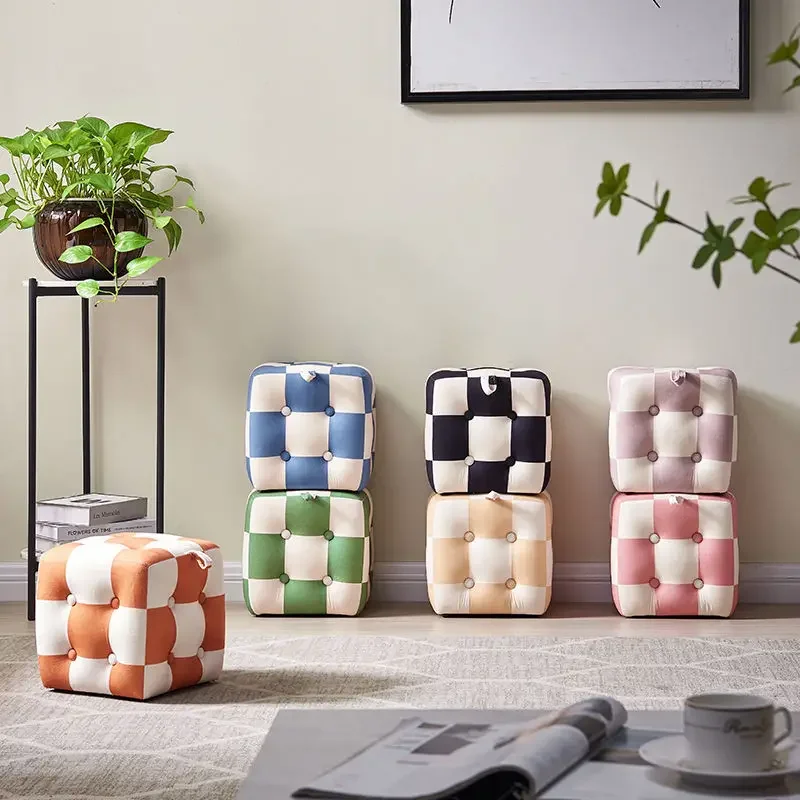 Creative Checkerboard Pedal Stool for Shoes Changing Living Room Furniture Black and White Checkerboard Ottomans for Lazy People