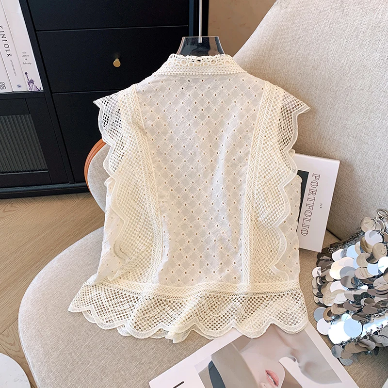 Elegant Embroidery Blouse Women Spring Summer Flying Sleeve Hollow Out Tops Shirts Blusas Mujer