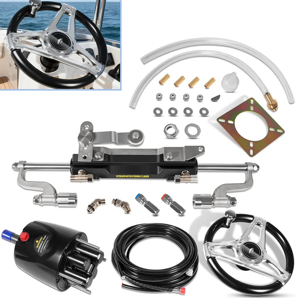 350HP Boat Outboard Hydraulic Steering System Kit with Durable Aluminum Alloy Steering Wheel Hydraulic Steering Cylinder Helm Pu