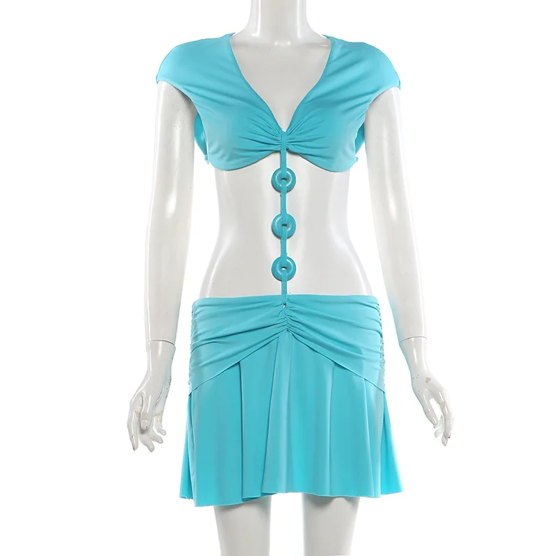 STYLISH LADY Cut Out Two Piece Set with Ring Detail Crop Top and Mini Pleated Skirt 2026 Summer Women Vacation Beach Outfits - view 5
