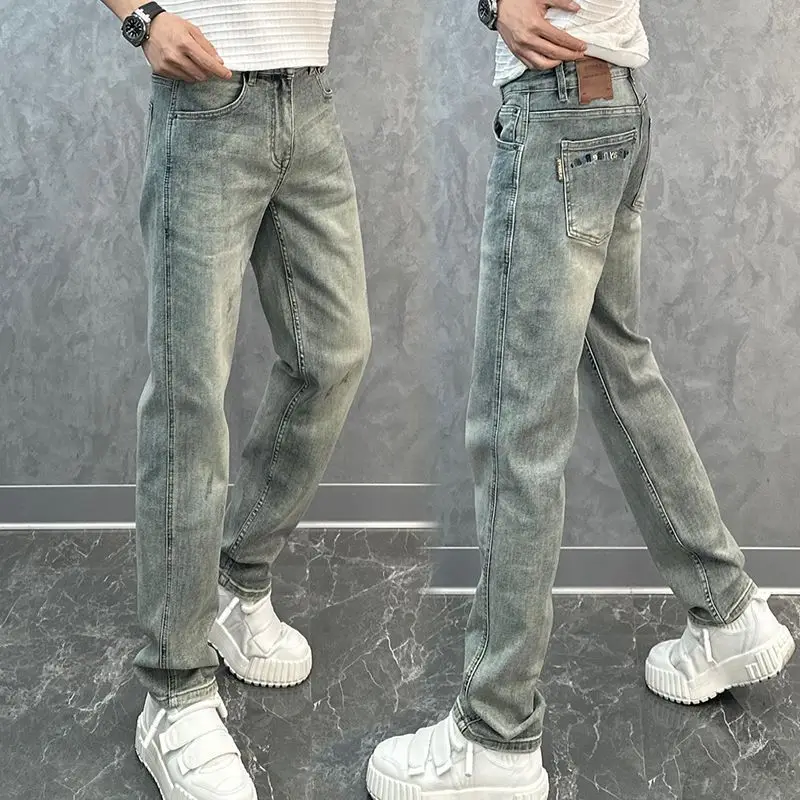 New Washed Men's Autumn and Winter New 2026 Embroidered Straight Casual Men's Elastic Denim Slim Low Rise Men Male Jeans Pants