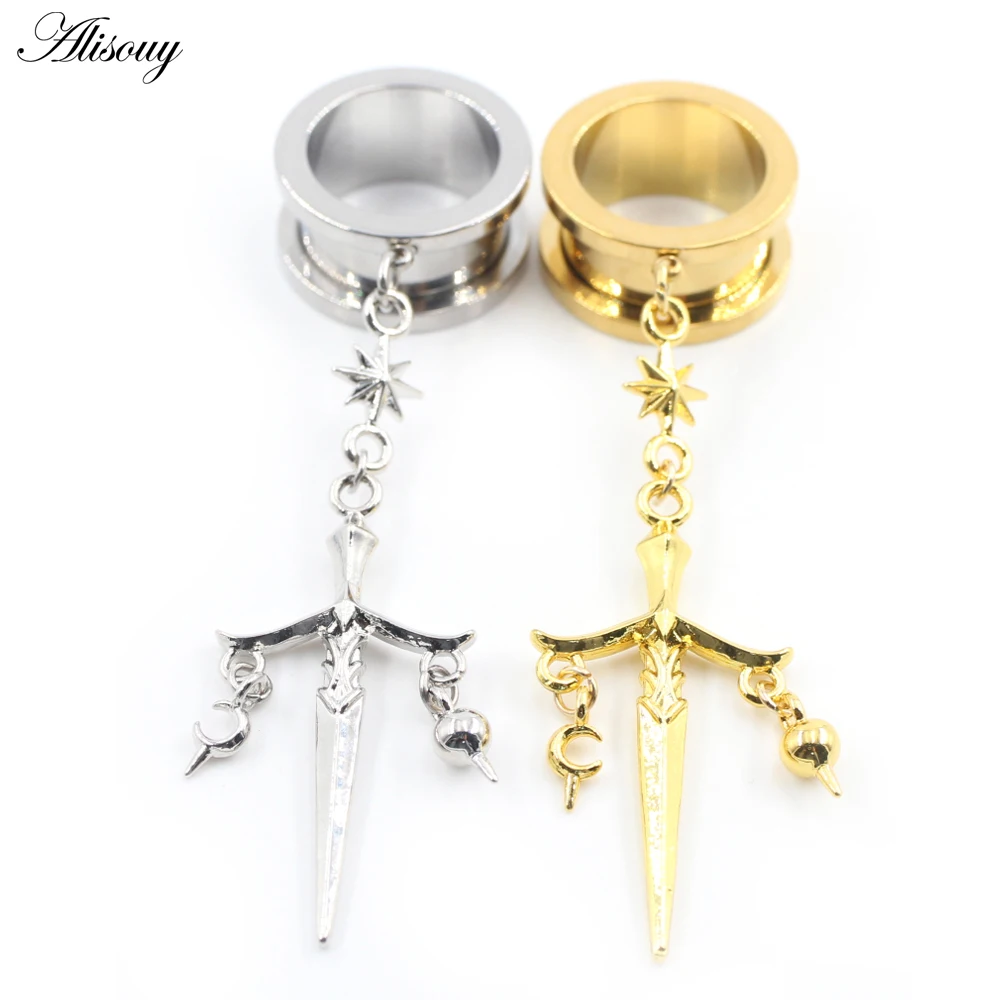 1PC Stainless Steel Rhombus Sword Water Drop Opal Pendant Thread Ear Gauges Tunnel Plug Expander Stretcher Piercing Body Jewelry