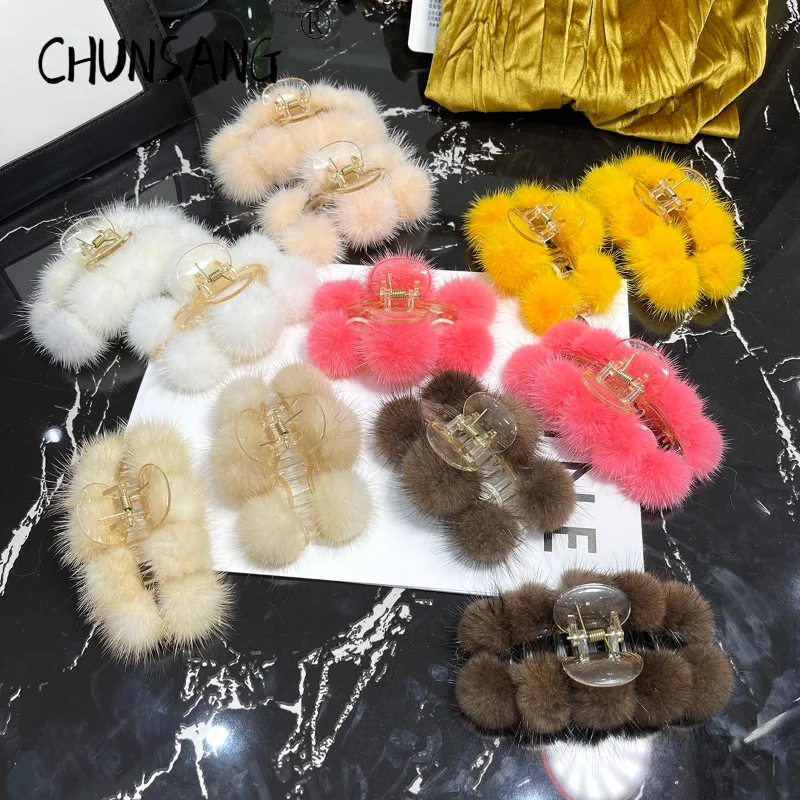 

New Real Mink Fur Metal Hair Claws Hair Clips Headwear Shark Clip Hairpins Hairclaw Crab for Women Girls Korean Hair Accessories