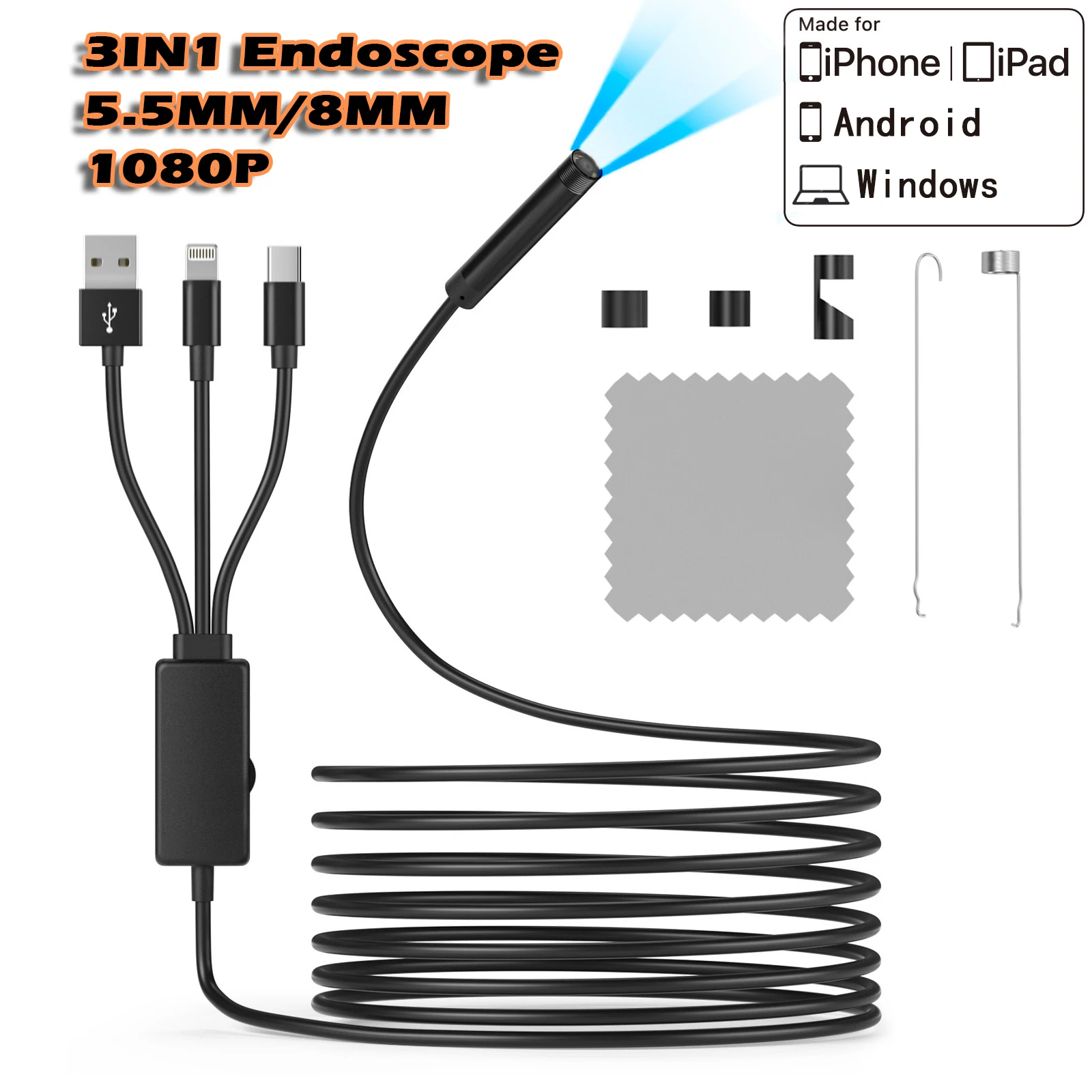 Endoscope endoscopique industriel USB 3 en 1, stéthoscope de Type C pour téléphone intelligent Iphone IOS, caméra d'inspection de voitures Android, objectif 1080P