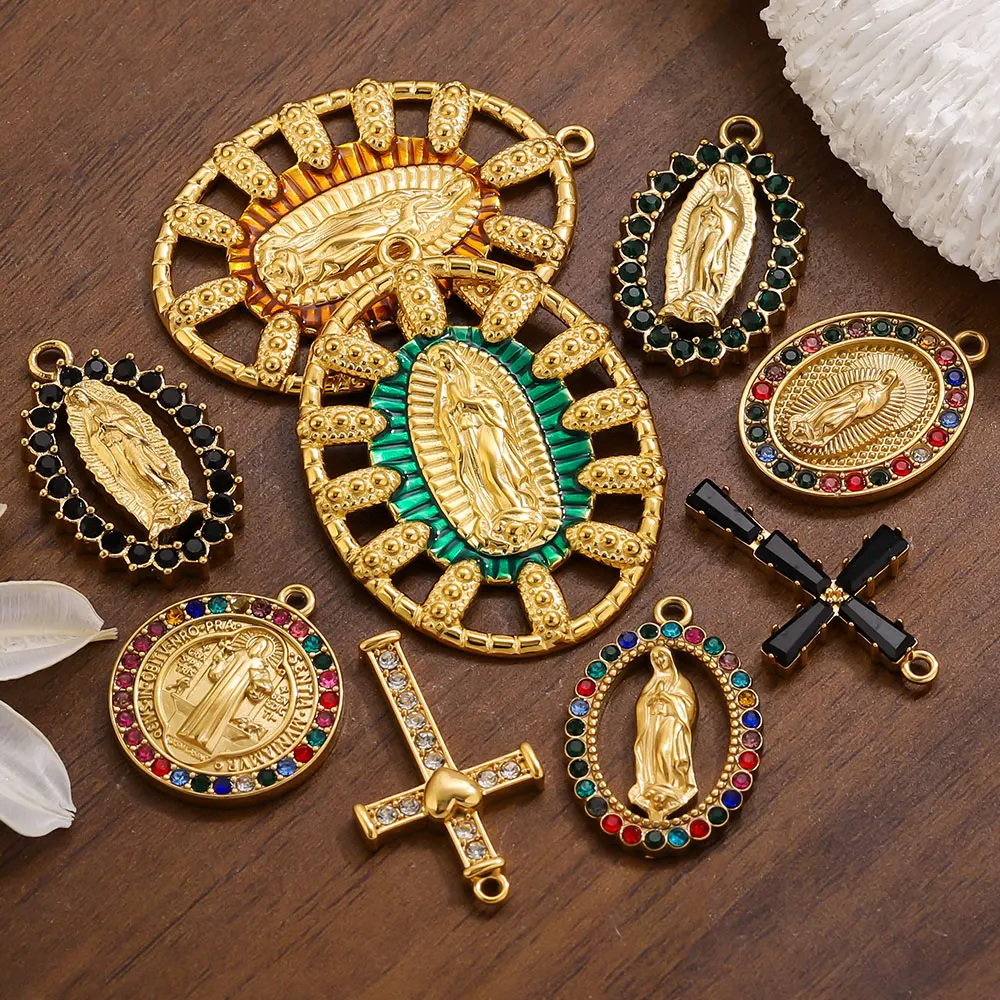 

2PCS Stainless Steel Charms 18K Golden Big Oval Guadalupe Christian Cross Connectors for DIY Jewelry Making Supplies Materials