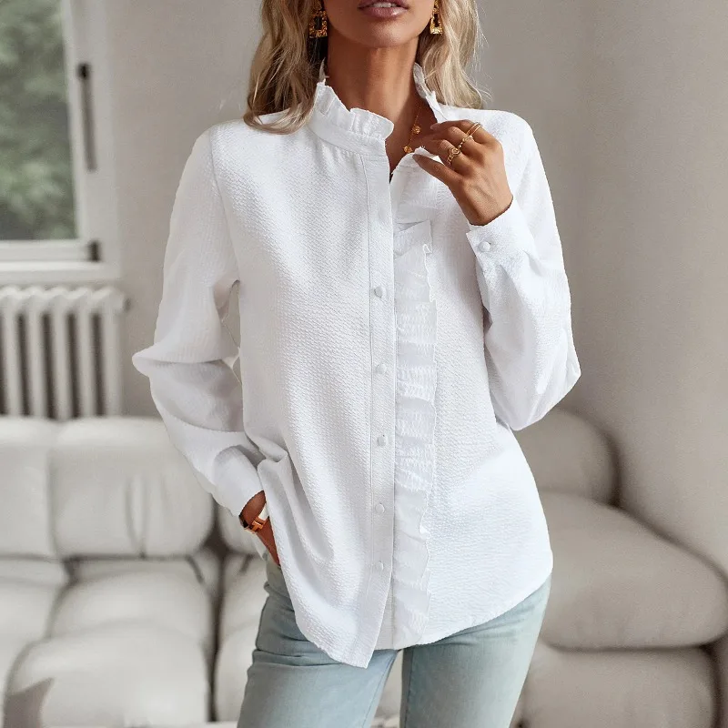 

Elegant Work Shirt Women's Ruffle Trim Button Up Long Sleeve Blouse Top Cotton Stand Collar