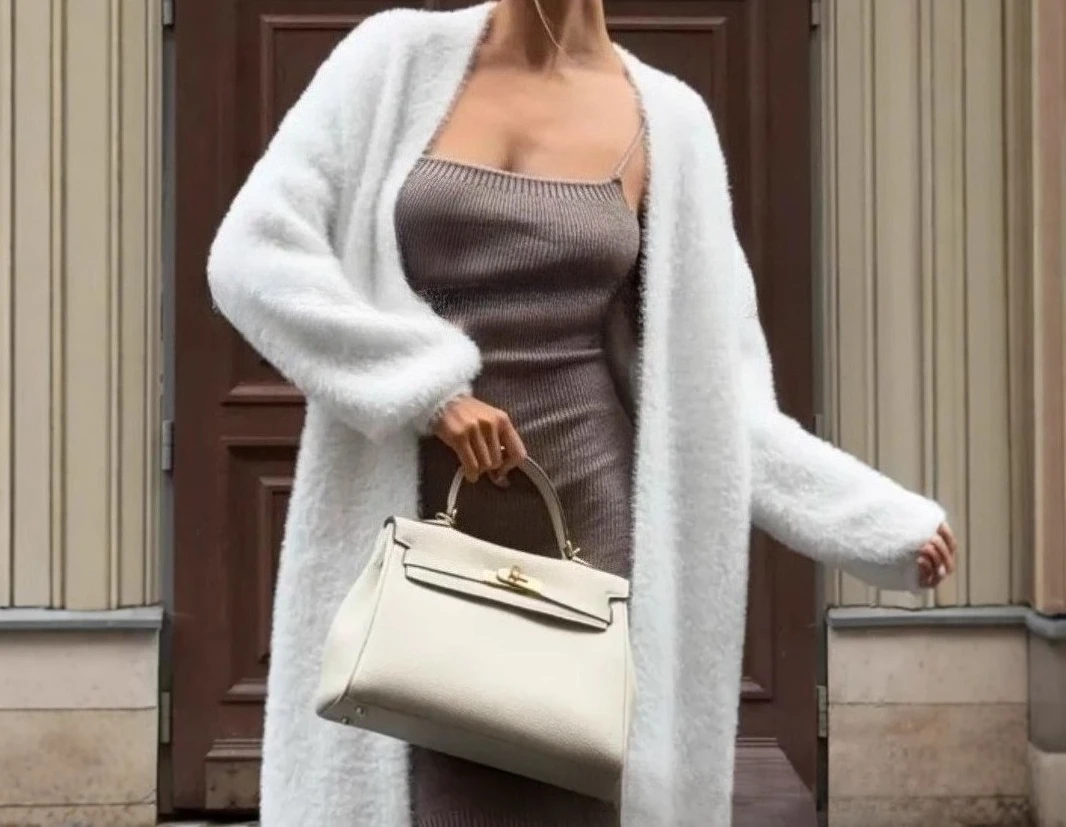 

White Knitted Jacket 2025 Autumn/Winter New Collection Fluffy, Soft, Enlarged, Extended Sweater Cardigan
