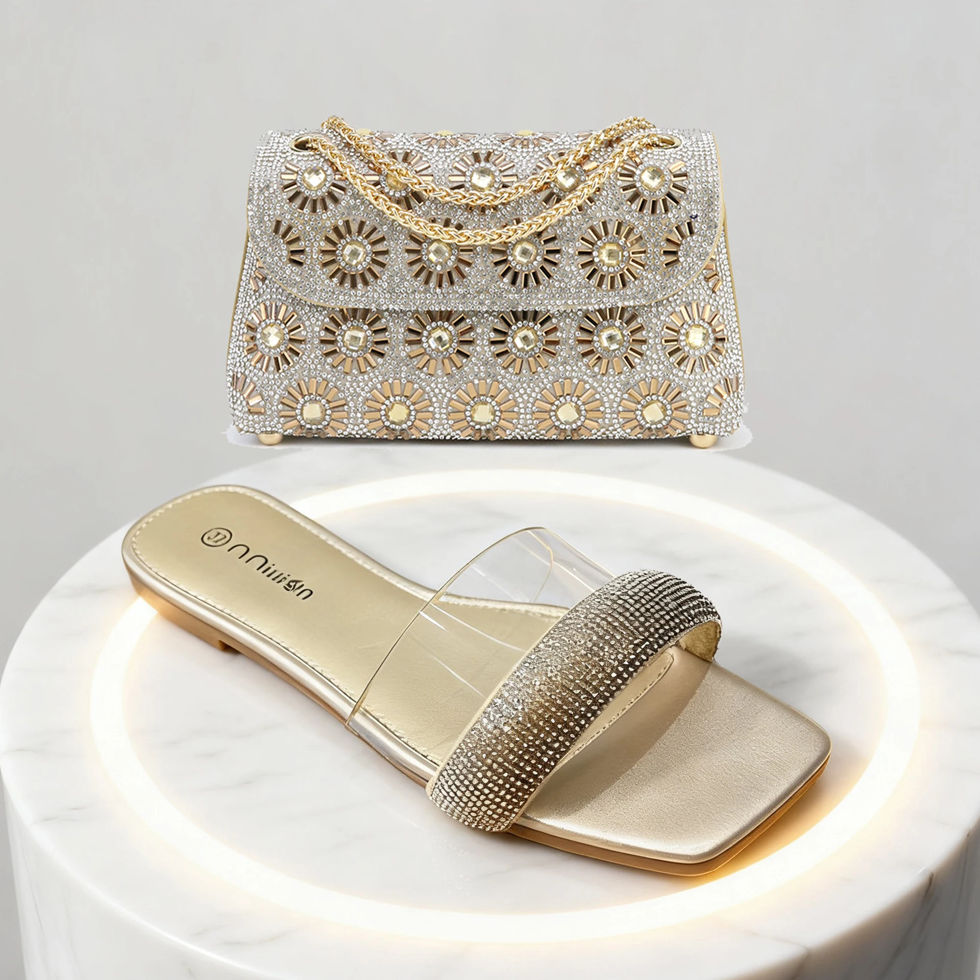 2026 Women Fashion Sequined Flat-bottom Non-slip Slippers Beach Women's Shoes New Rhinestone High-grade Handbag Dinner Bag Set