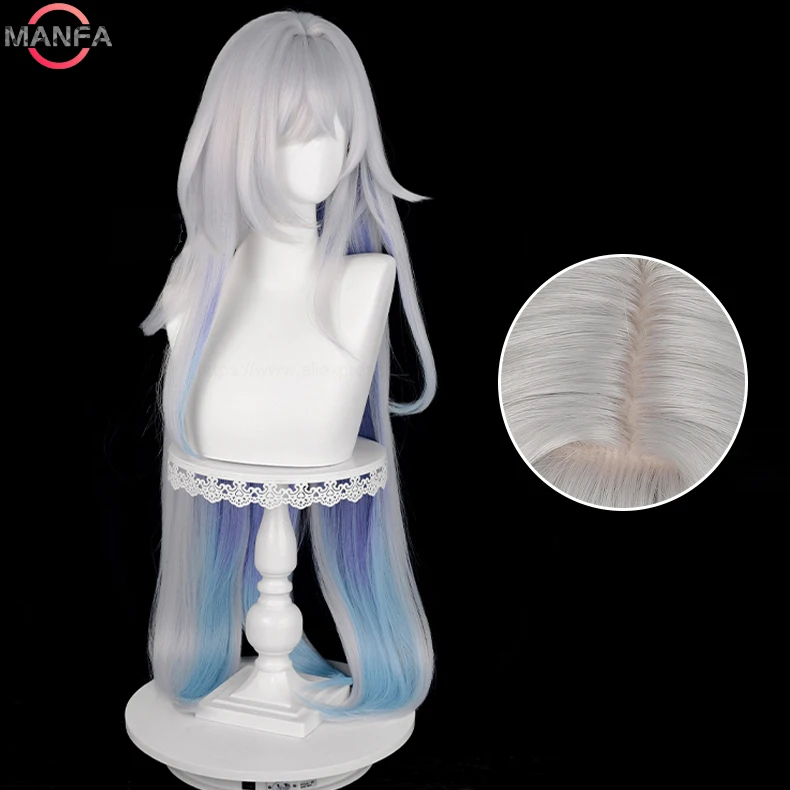 Skirk-Perruque de Cosplay en Cheveux Synthétiques Longs de 105cm, Couleur Blanche Argentée avec Dégradé Bleu, avec Bonnet