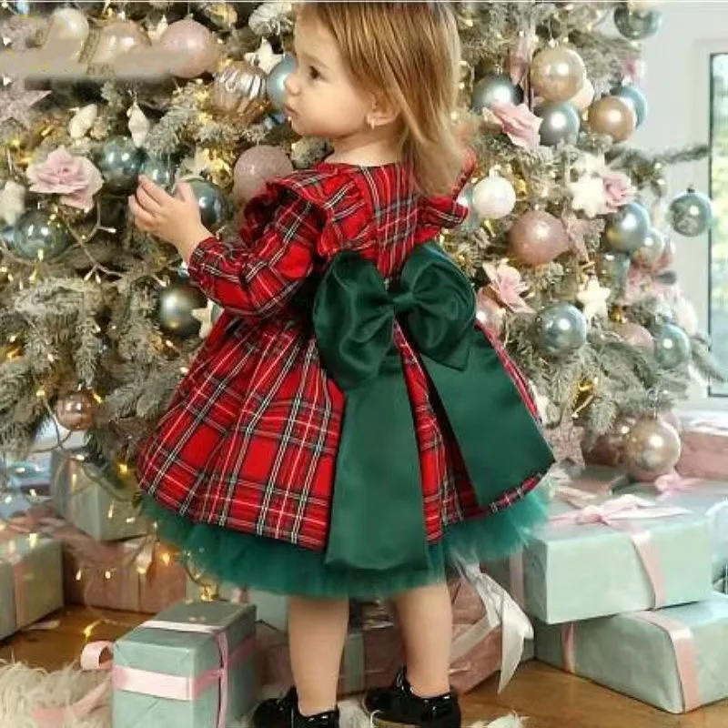 

2025 New Children's Dress Girl Plaid Long Sleeve Dress Christmas Big Bow Gauze Princess Dress 80-130cm