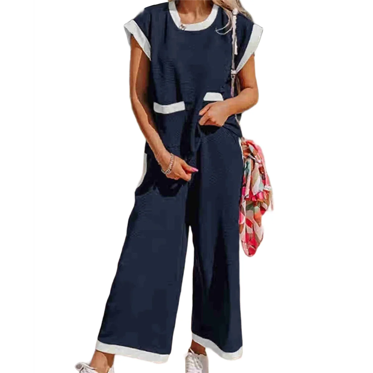 ABQR 여성 여름 라운지 세트 의상 반팔 풀오버 탑 와이드 레그 롱 팬츠 트랙슈트 네이비 블루 + 베이지 화이트 XL