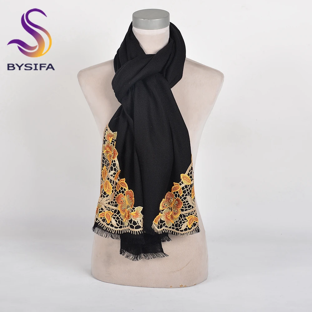 [BYSIFA] Winter Black Gold Scarves Shawls Embroidered Women Spring Fall Fashion Solid Long 100% Wool Scarves Hijabs Headscarves