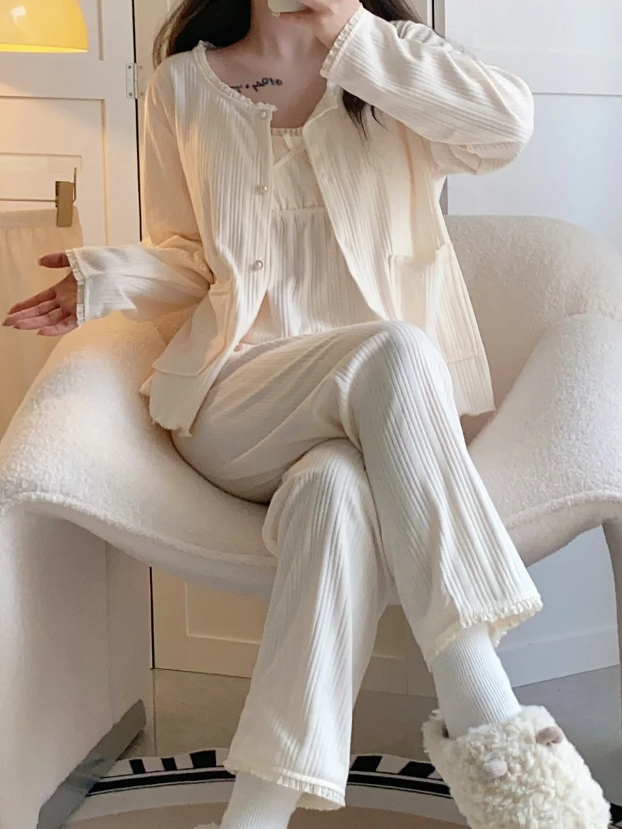 

Женский комплект из чистого хлопка, длинные брюки-комплекты, милая домашняя одежда, сексуальный повседневный домашний комплект с ремешком