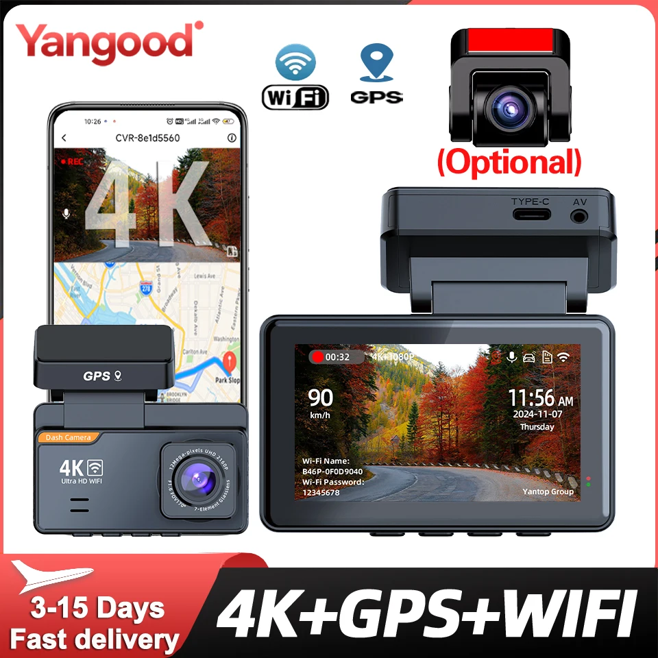 Yangood 4K Dashcam Auto Mini Car Dvr Video Recorder with GPS WIFI Support Dual Lens 1080P Rearview Camera Night Vision Black Box