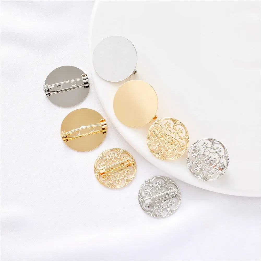 14K Gold Bag Color-preserving Platinum Hollow Pattern Tray Brooch Holder Disc Pin Button DIY Corsage Accessories Material