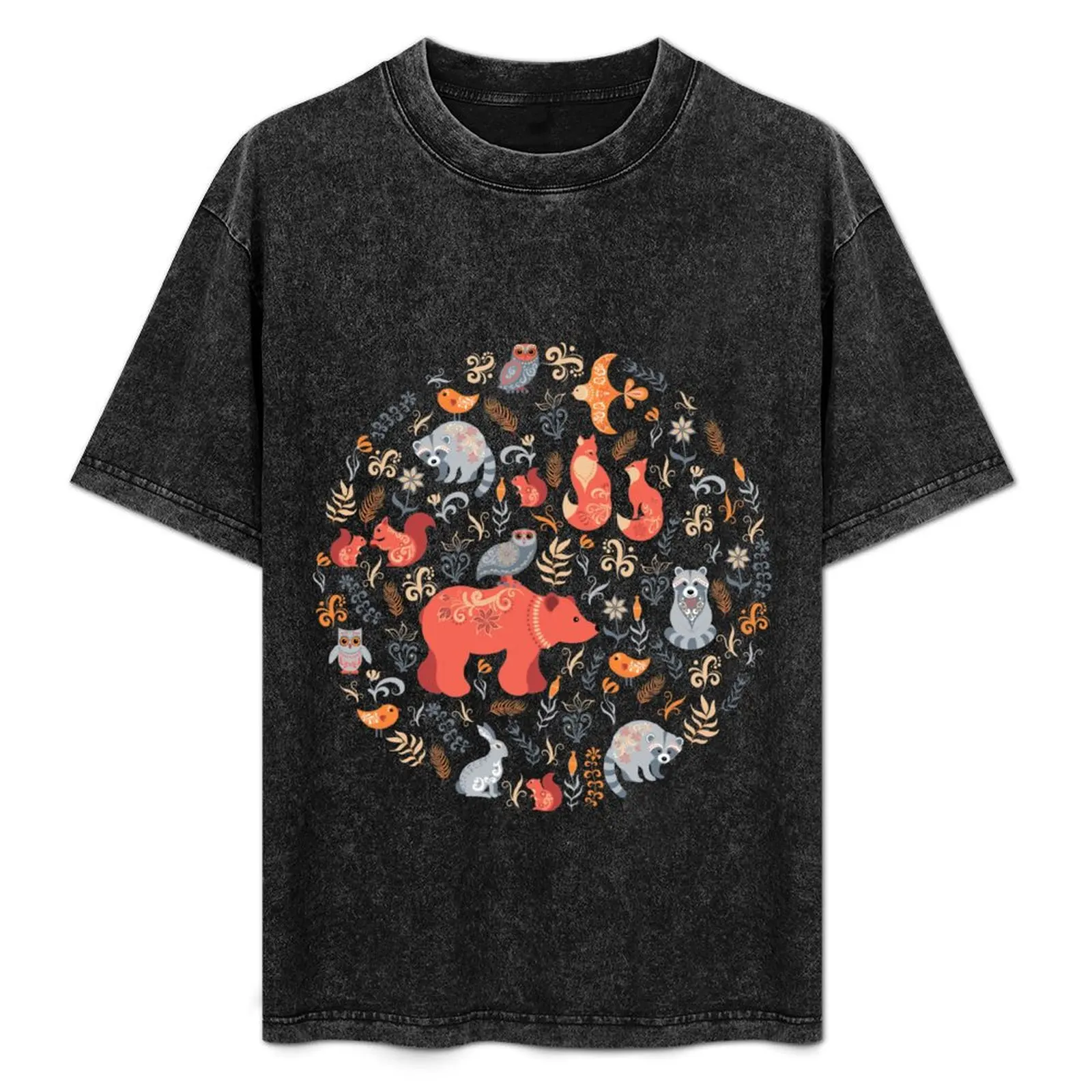 Fairy-tale forest. Fox, bear, raccoon, owls, rabbits, flowers and herbs. Circular ornament. T-Shirt cute clothes Men's t shirts