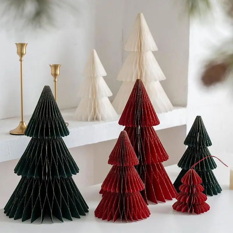 2Pcs Small Paper Christmas Tree Reusable Desktop 3D Paper Christmas Tree Multi-layer Table Centerpiece Decoration