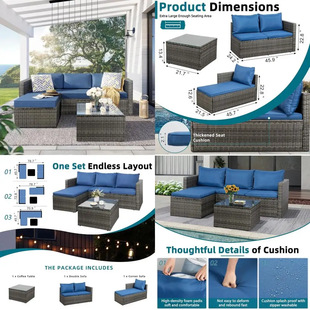Ensemble de canapé de patio extérieur 3 pièces avec coussins, meubles sectionnels avec positions réglables, table basse incluse
