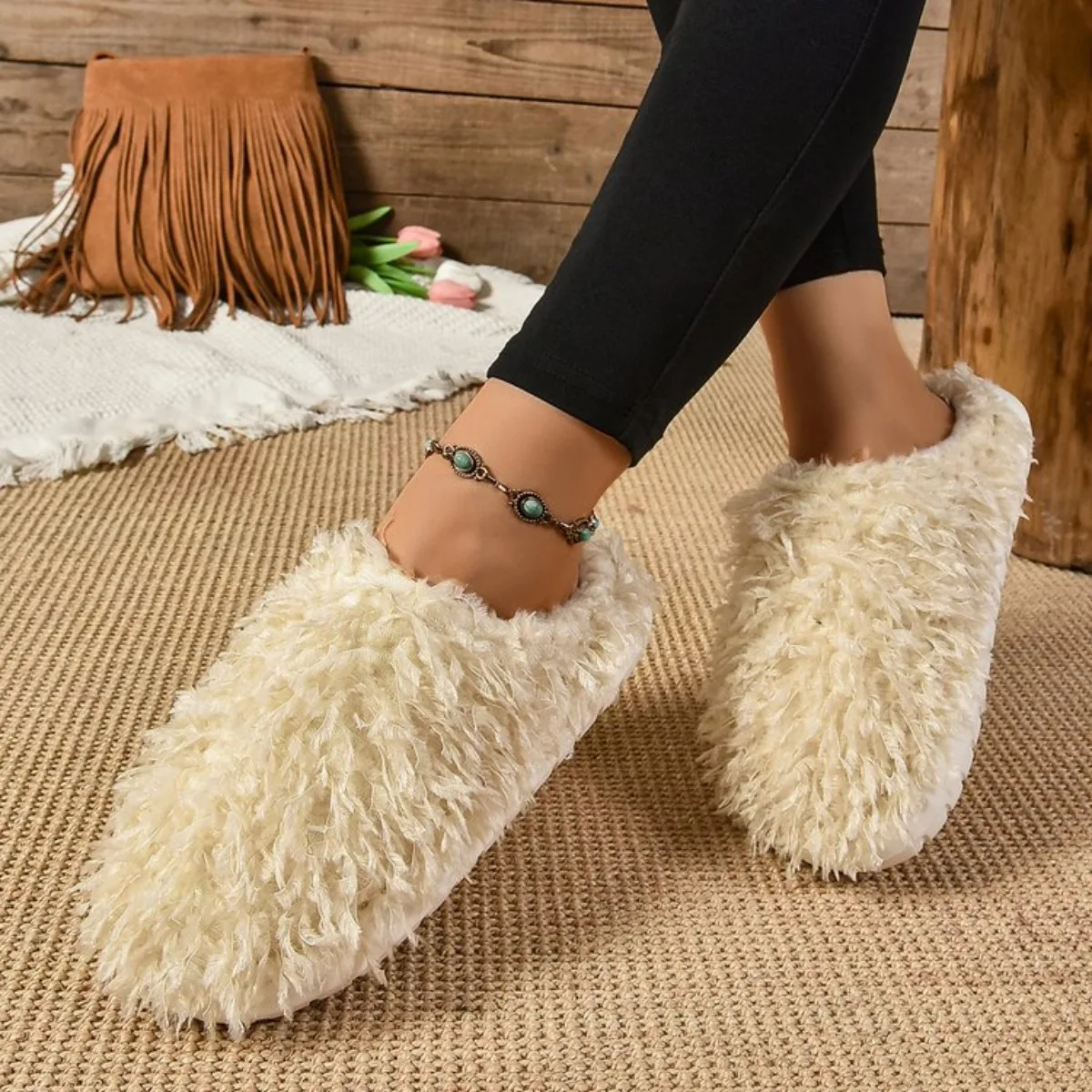 

Women Fashion Fur Slippers Beige Outdoor Indoor Warm Platform Winter Spring Autumn Sexy Elegant Casual Home Flats Large Size New