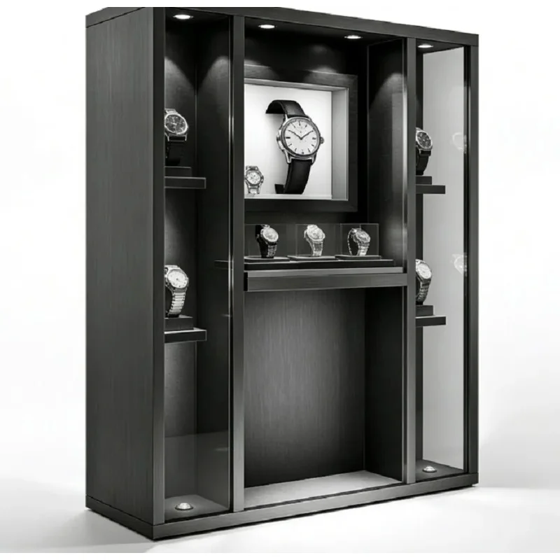 custom.Elegant Luxury Watch Tall Display Floor-Standing LED Glass Showcase System Mall Use