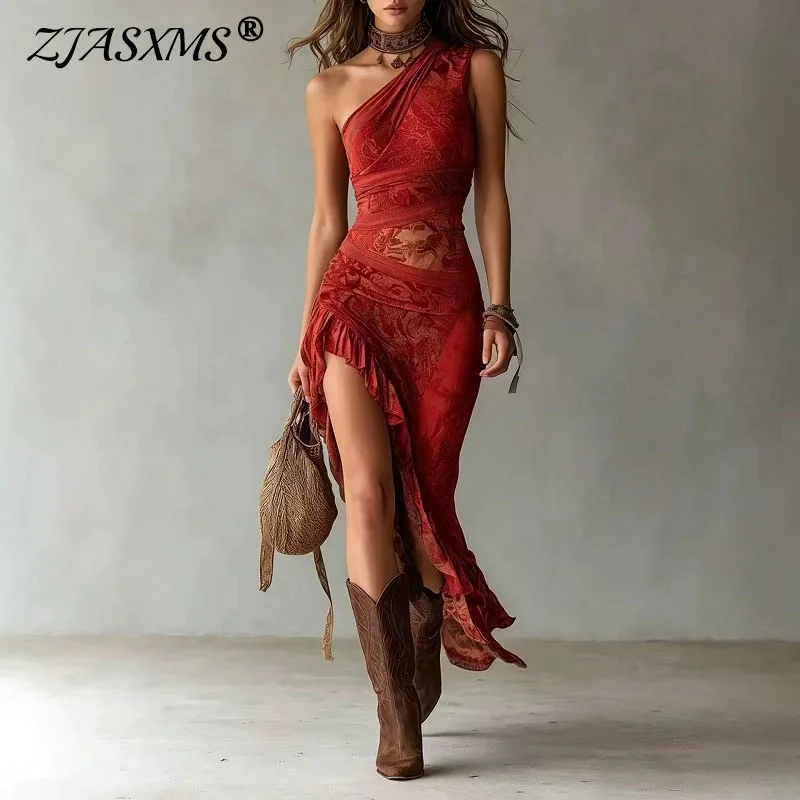 Ethnisches Vintage-Kleid für Damen, Sexy One-Shoulder-Kleid mit Hohem Schlitz, Rüschensaum, Unregelmäßiges Langes Kleid, Frühling/Sommer 2026, Bedrucktes Boho Maxikleid