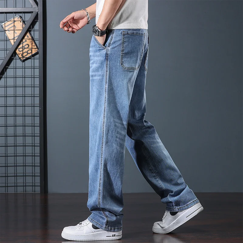 Men's Summer Thin Jeans Spring and summer loose wide leg blue jeans for men American retro high street jeans Large size 28-44