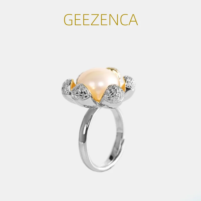 

GEEZENCA 925 Sterling Silver Natural Pearl Flower Rings For Women Luxury Elegant Simple Adjustable Cocktail Ring 2023 New Trend