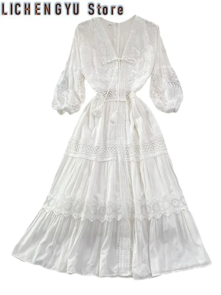 Sweet Style Vestidos Summer New Women's Dress Lace Hollow Out Patchwork Solid Color High Waist Dresses