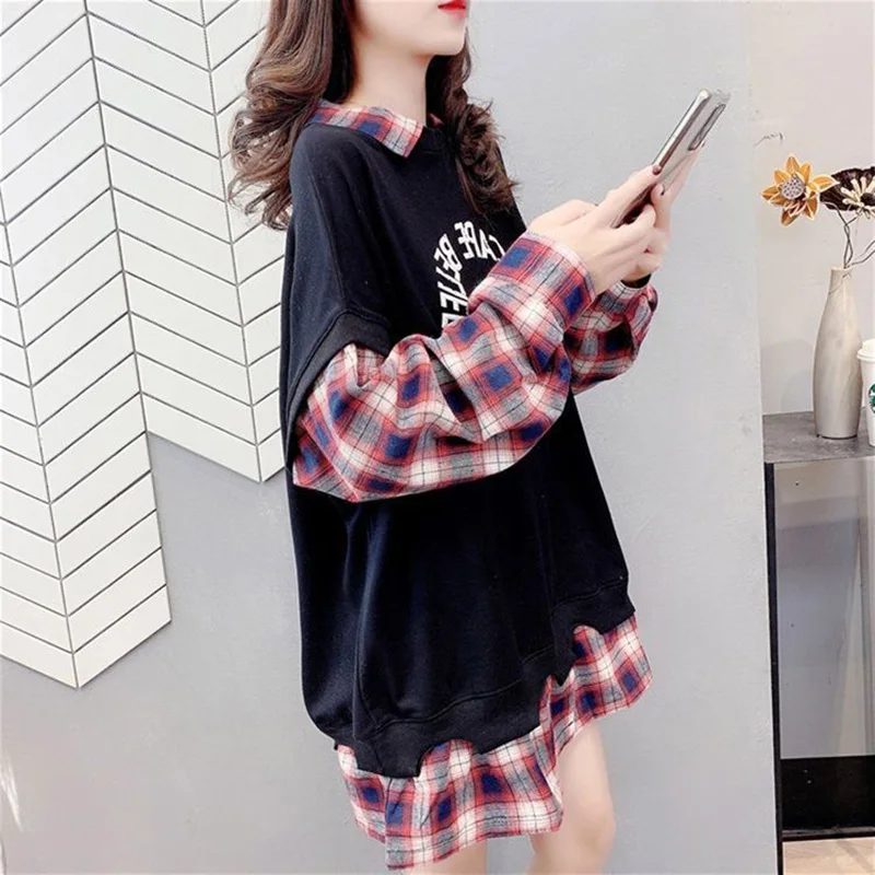 Fashion Printed Spliced Plaid Fake Two Pieces Sweatshirts Female Clothing 2023 Autumn New Loose Casual Tops Korean Sweatshirts