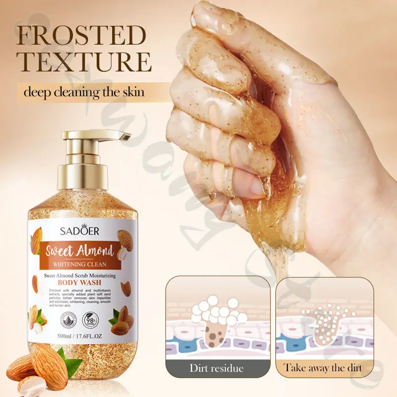 Sweet almond scrub shower gel deeply cleanses, long-lasting fragrance, moisturizes and nourishes the skin, improves dullness