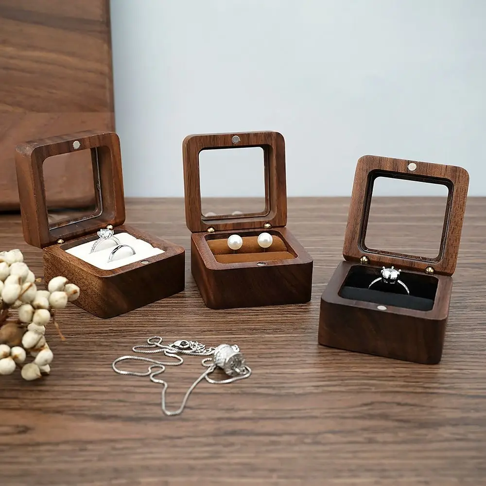 

Wooden Ring Organizer Case Window Open Square Jewelry Storage Box Romantic Handmade Ring Display Box Lover Gift