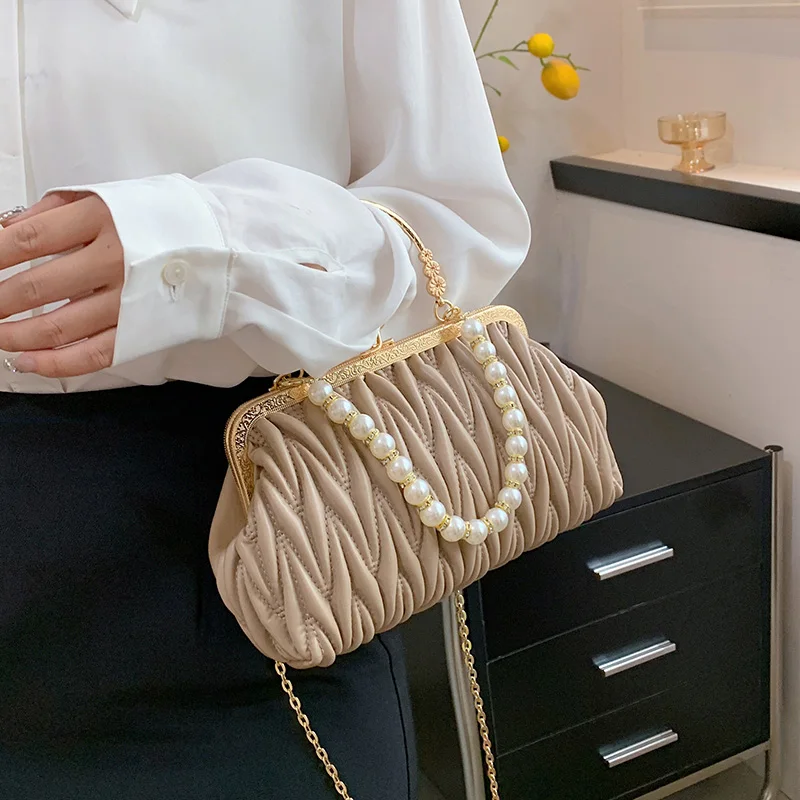 Fashion Women Orange Green Shoulder Bags Prom Clutch Pearl Chain Crossbody Bags Female Chic Totes Pu Leather Handbags And Purse