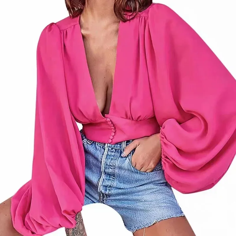 

Blusas Autumn Sexy V-neck Shirts Women High Waist Lantern Sleeve Shirt Short Satin Top Loose Tops Blouse Solid Clothes 29535