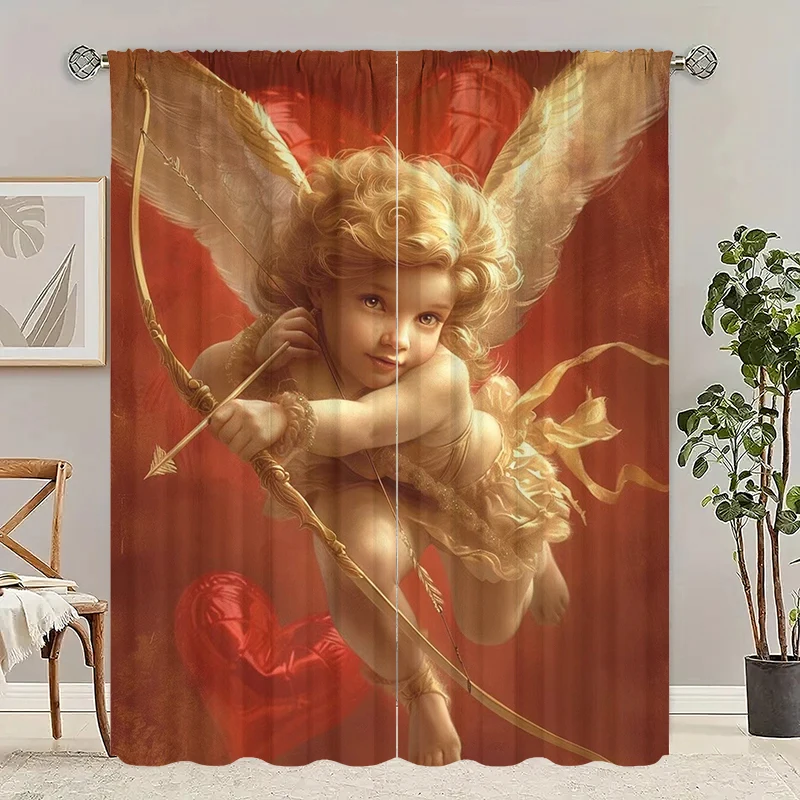 Cupid - Valentine's Day -2 pieces - Printed curtain, 100% polyester, suitable for home decor (bar not included)