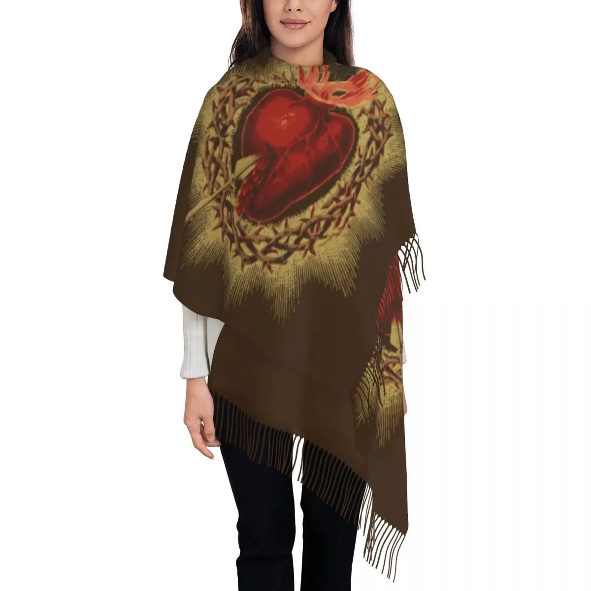 

Ladies Large Sacred Heart Of Jesus Catholic Scarves Women Winter Soft Warm Tassel Shawl Wraps Devotion Christian Scarf