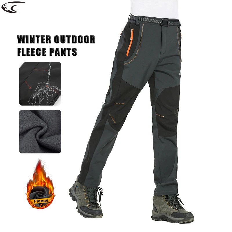 LNGXO Thick Warm Fleece Hiking Pants Men Winter Waterproof Windproof Outdoor Soft Shell Rain Trousers Trekking Camping Ski Pants