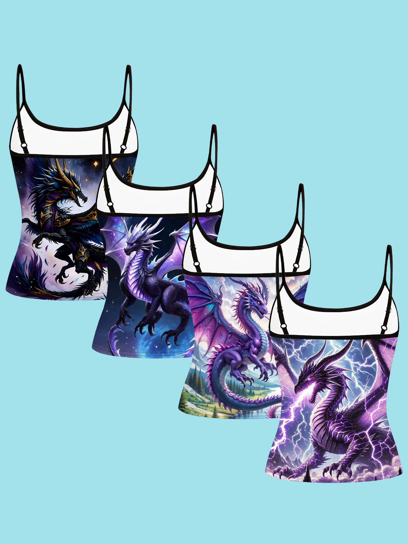 4-Piece Set of Women's Purple Fantasy Dragon Print Camisoles, Starry Sky Lightning Western Dragon Slim-Fit Spaghetti Strap Inner Tops