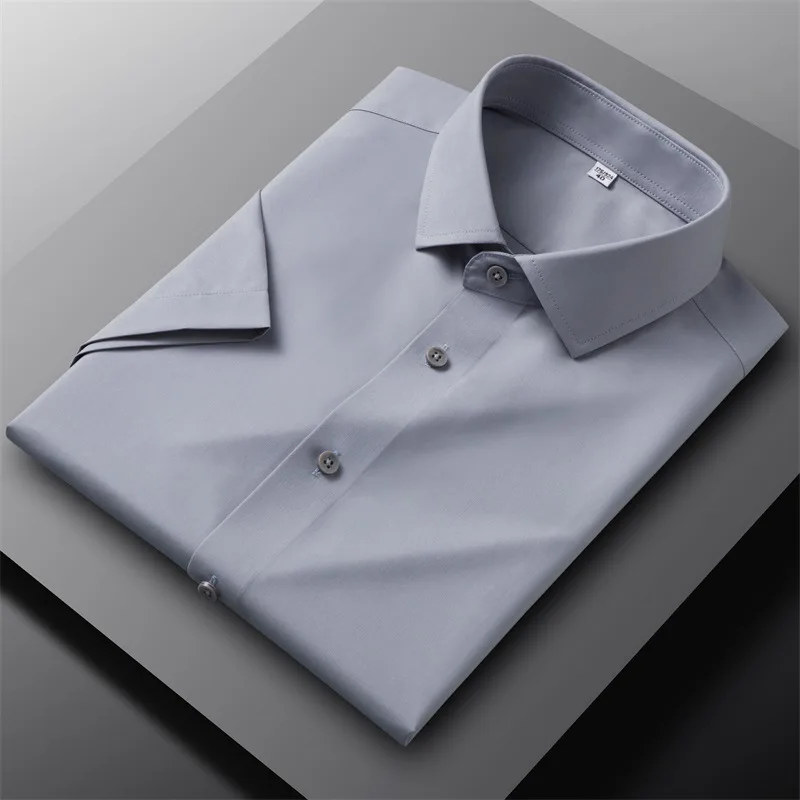 

8XL Модальная мужская рубашка с короткими рукавами Slim Fit Классическая однотонная деловая модная повседневная сине-белая мужская рубашка с короткими рукавами