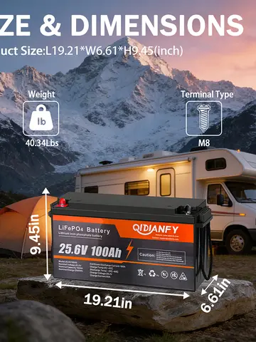 Qidianfy 24V 100Ah LiFePO4 Battery with 100A BMS 2560Wh Power Output 15000 Cycles for RV Solar Systems Camping Fishing Backup Power
