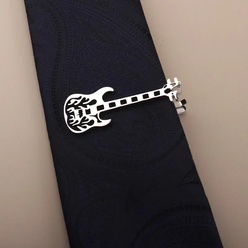 Hip-hop Punk Instrument Guitar Titanium Steel Tie Clip, Fashionable Trendy High-end Music Fun Stainless Steel Tie Clip
