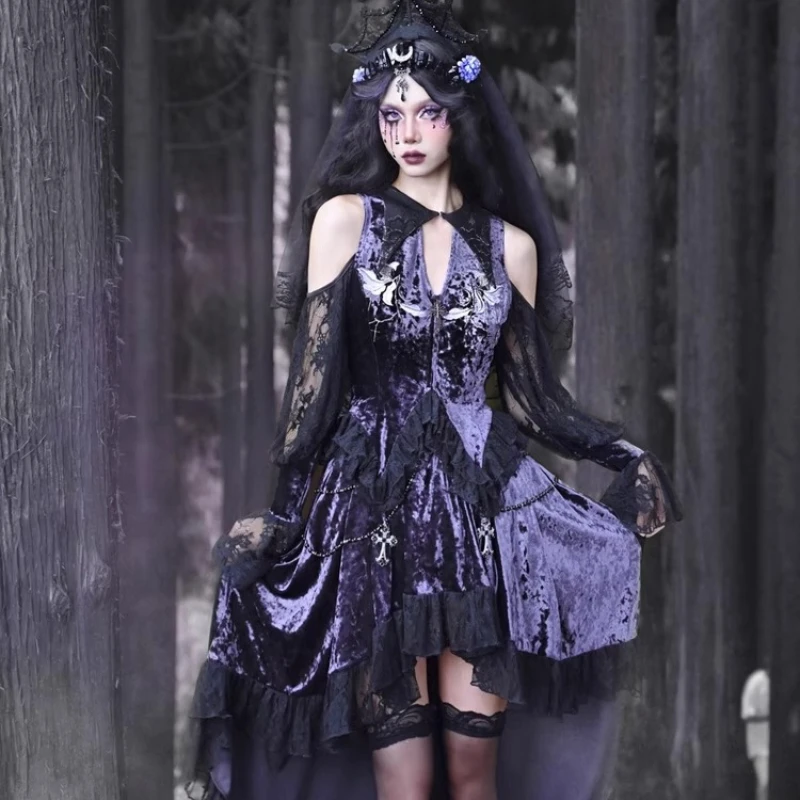 Purple Sexy Women's Clothing 2025 New Velvet Atmosphere Embroidered Pointed Collar Lace Hollow Out Flared Sleeve Gothic Top Girl