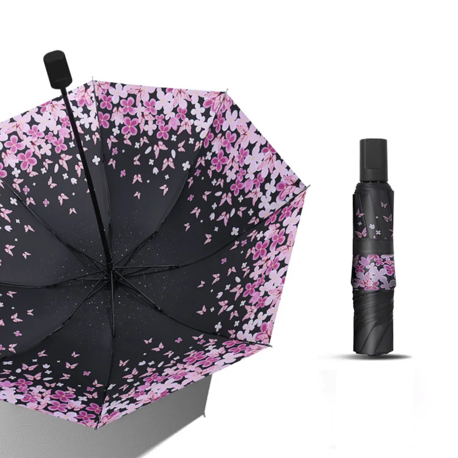 Foldable Inner Printed Small Black Umbrella, Sunny And Rainy Dual-use UV Protection Umbrella, Lightweight Sturdy Travel Manual U